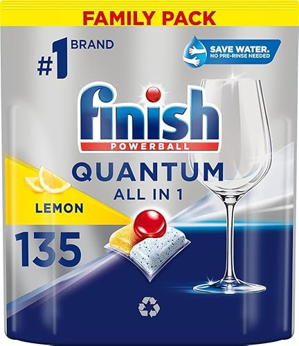 FINISH Quantum All-in-1 Lemon - Cápsulas para lavavajillas; protege el vidrio y la plata, le da un brillo deslumbrante, funciona a bajas temperaturas sin remojo previo, paquete grande XXL de 135