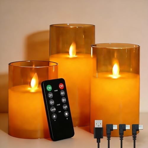 NICE POINT LED-Kerzen, wiederaufladbar, USB, realistisch, flackernde Flamme aus goldfarbenem Glas, Fernbedienung & Timer Auto 2/4/6/8 Stunden, 2 Modi (Blinken/weiches Licht) für Haus, Abendessen, Spa