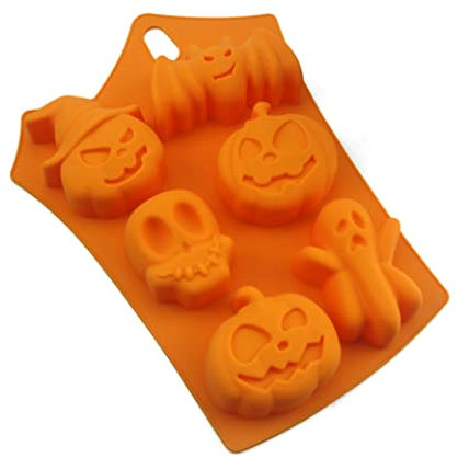 CAKEEYUM Silicone Mold 6 Grid Halloween Candy Ice Cube Orange Mold Trays Ghost Pumpkin Baking for HalloweenSilicone Ice Cube Tray Chocolate Halloween Candy Pumpkin B
