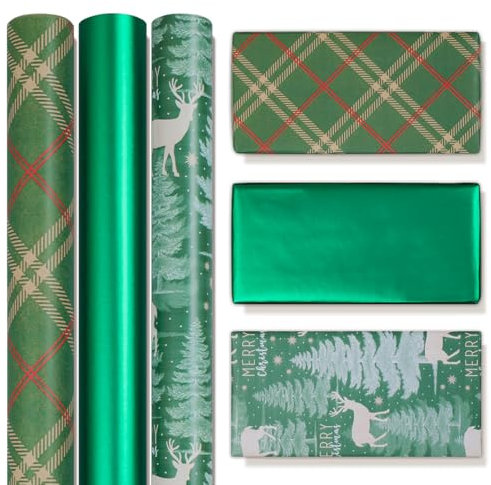 Niviy Rouleau Papier Cadeau Noel 43cm x 3m Papier Cadeau Noel Kraft 3 Rouleaux Papier Cadeau Vert Imprimé avec des Eléments de Noël pour Décoration de Noël et du Nouvel An