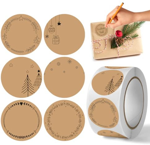 Cadimus Weihnachtsaufkleber zum Beschriften,500 Stück Kraft Etiketten Aufkleber,Aufkleber Weihnachten Rund, Etiketten Selbstklebend, für Weihnachtsmarmeladenglas, Umschlag, Geschenktütenaufkleber