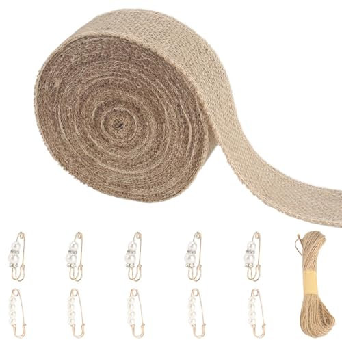 Minnhua Toile de Jute Rouleau 10cm Ruban Jute 12m Ruban de Jute Ruban Cadeau Ruban Décoratif avec 20m*15mm Corde+10pcs Perles Accessoires pour Les Emballages Cadeaux,Noël Décorations de Mariage