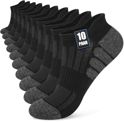 Stoeury 10 Paar Sneaker Socken Herren Damen, Atmungsaktive Baumwolle Kurze Sportsocken, Bequeme Sneakersocken mit Atmungsaktivem Netz, Knöchelsocken Herren mit Fußgewölbestütze, Schwarz, 43-46