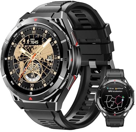 OUKITEL GPS Smartwatch Uomo BT12-1,43 AMOLED Rugged Smart Watch Impermeabile con Chiamate Bluetooth,Altezza/Pressione,24H Monitoraggio Orologio Militare Uomo,150+ Modalità Sport per Android iOS