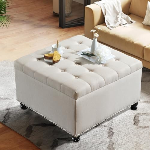 Ckaff Sitzhocker mit Stauraum 74x74x49cm, Ottomane und Flurbank mit Stauraum, Faltbar Sitztruhe Sitzhocker mit Deckel Sitzcube Fußablage für Wohnzimmer Schlafzimmer Flur, Beige