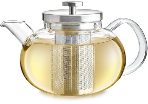 Teabloom Connoisseur Glas-Teekanne mit Edelstahl-Teesieb für losen Tee – Fassungsvermögen für 4 Tassen, Herdplattensicheres, langlebiges Borosilikatglas, perfekt für heißen und Eistee