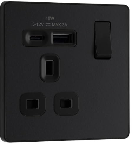 BG Electrical Single Switched Power Plug Wall Socket with Type A USB and Type C USB Charging Ports, Fast Charge, Screwless Front Plate, Evolve, Matt Black, 13A, 18W, PCDMB21UAC18B