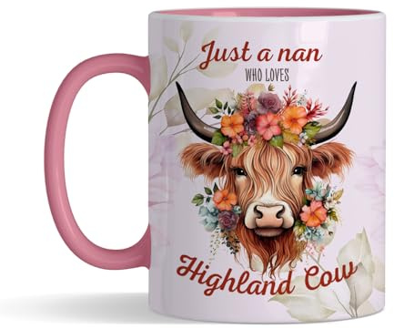 Just A Nan Who Loves Highland Cow, Mother’s Day Gift, Inside Coloured Coffee, Tea Mug. (Pink)