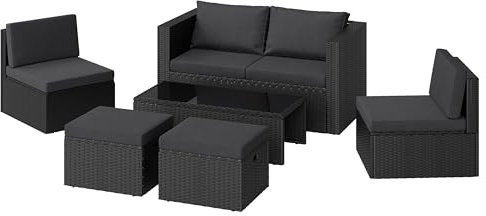 STEELSØN Polyrattan Gartenlounge Noctura, Outdoor Sitzgruppe 6-teilig, Gartenmöbel Set mit Sofa, Sessel, Hocker, Tisch, Sitzecke für bis zu 6 Personen, wetterfest, schwarz/anthrazit