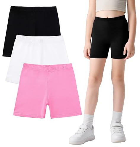FILOWA Pantalones Cortos para Niñas Algodón Shorts Leggings Pack de 3 Deportivo Ciclismo Pantalon Corto con Cintura Elástica Pantalón Suaves Colores Shorts Pantalones Gimnasia Verano 12-14 años, Rosa