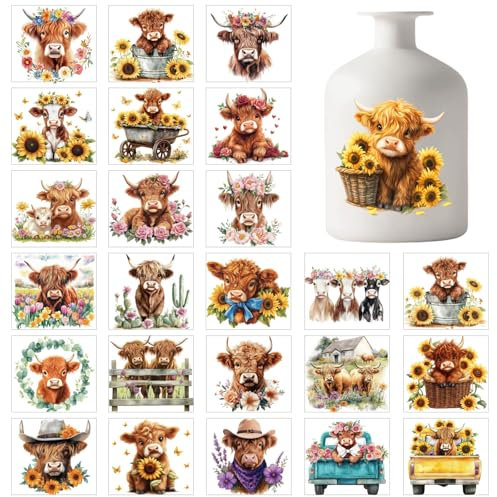 GLOBLELAND 25 Blatt Highland Kuh Silhouette Fensteraufkleber 10x9cm Blumen Schmetterlings Wasserdicht Transparente PVC Silhouette Kunststoff Wandaufkleber Für Wände Fenster Glas Heimwerken