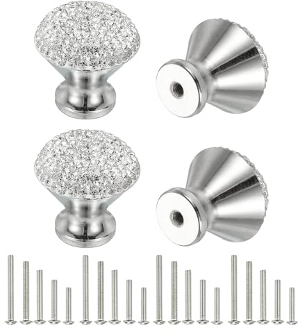 sourcing map Drawer Knobs,4Pcs 1.1 Inch (28mm) Diameter Bling Diamond Decoration Cabinet Knob, Round Rhinestones Pull Handle with Screws for Home, Office, Kitchen (White Base + White Diamond)