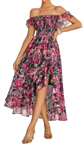 GRACE KARIN Women's Off Shoulder Irregular Hem Beach Dress Elastic Waist Long A-Line Casual Dresses CL214-01 M Black
