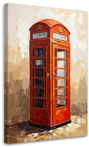 Feeby Leinwand Bilder - Bild Wohnzimmer - London Telefonzelle in Beige - 40x60 1tlg - Deko Schlafzimmer Groß - Dekoration Canvas - Gemälde - Modern Wandbilder - Kunstdruck