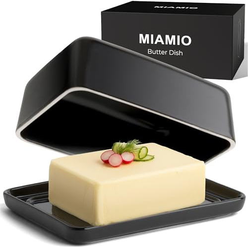 MIAMIO - Butter Dish with Lid (620 ml) Ceramic Butter Keeper / Large Butter Container, Dishwasher Safe Butter Dish with Lid for Countertop (Black)