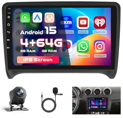 4+64G Autoradio für Audi TT 8J MK2 2008-2014 mit CarPlay Android Auto | Bildschrim 9 IPS Auto Radio mit Android 15 Bluetooth Mirror Link Navi GPS EQ WiFi FM RDS USB Mikrofon Kamera