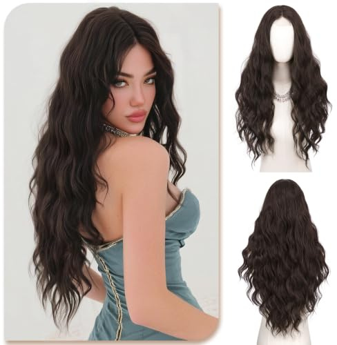 Sofeiyan Perücke Damen,70 cm Lange Mittelscheitel Perücken | Gewellte Wellig Perücke,Hitzebeständige Synthetische Haar Lockige für Alltag Cosplay Karneval,Dunkelbraun