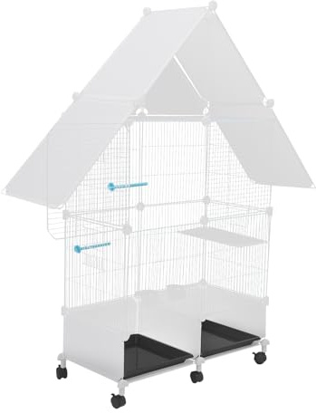 Vogelkäfig, 74x 37x126cm Vogelvoliere mit Dach, Voliere mit Rollbar, Vogelhaus für Budgerigars, Cockatiele (Weiß)