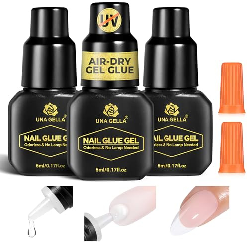 UNA GELLA Colle à ongles pour ongles press on nails : séchage rapide en 10 secondes, pas besoin de lampe UV, colle gel 3 × 5 ml, super forte pour faux ongles, faux ongles et ongles en acrylique