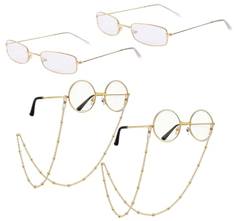 JWRHUH Fake Brille ohne Stärke – Retro Kostümbrille für Karneval, Weihnachten, 100. Schultag & Cosplay – Damen, Herren & Kinder (Rund & Eckig) (2x Gold Rund + 2x Gold Eckig, 4)