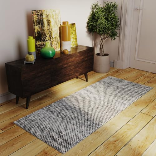 Morgenland Wollteppich Naturals Handgewebt 100% Schurwolle Minimal Grau 200 x 80 cm Läufer Flur, Schlafzimmer, Küche