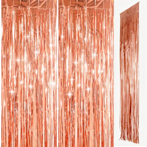 Rose Gold Foil Door Curtain Decorations, 2pcs 3.2ft x 8.3ft Tinsel Curtains Fringe Backdrop, Rose Gold Streamers Door Hanging Decoration for Birthday Wedding Bridal Shower Bachelorette Party.