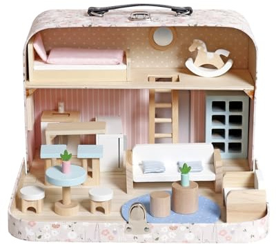 Tragbares Puppenhaus im Koffer – 2-stöckiges Holz-Puppenhaus in Rosa mit viel Zubehör – liebevoll gestaltetes Reisespielhaus in Pastellfarben für Kinder, ideal für unterwegs