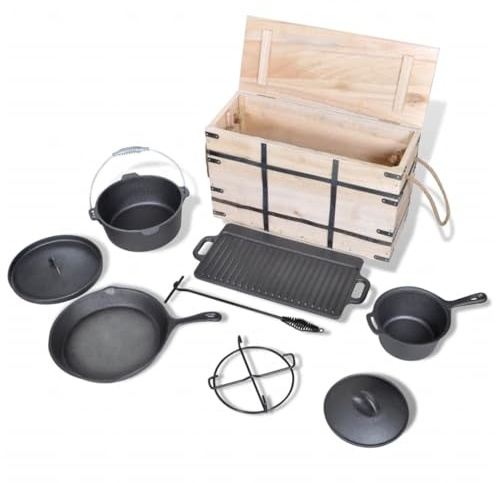 Ziaphsol 9-teiliges Dutch Oven Gusseisen Kochtopf Set mit Holzkiste, inkl Schmortopf Bräter Pfanne Grillplatte und Deckelheber, für Lagerfeuer Grillen Outdoor Kochen Backen