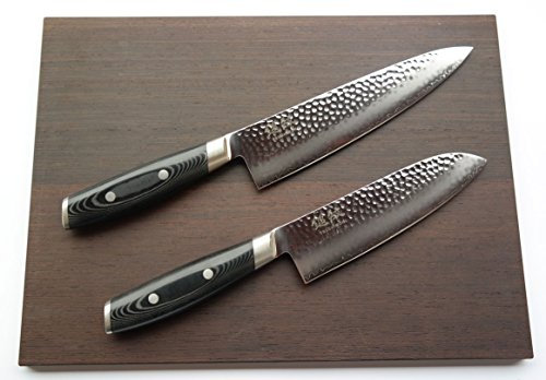 Lot de 3 couteaux de cuisine Yaxell Tsuchimon - Couteau de cuisine + Couteau Santoku - Manche en micro acier VG10 61-62HRC + planche à découper en bois de wengé