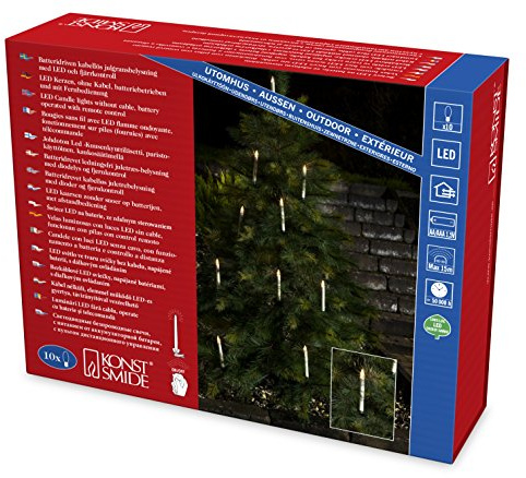 Konstsmide LED Baumbeleuchtung, 10 kabellose weiße Kerzen mit Fernbedienung, 10 warm weiße Dioden, batteriebetrieben, Außen (IP44), 20 x AA 1.5V, 2 x AAA 1.5V (inkl.) - 1930-100