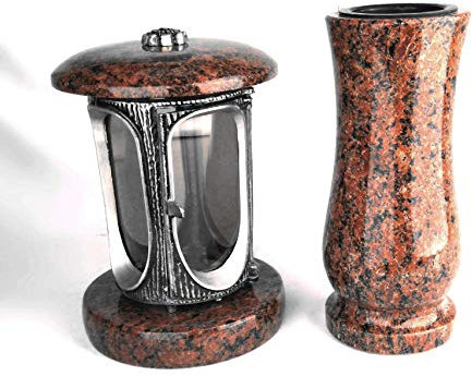 designgrab Alu Grablampe aus Aluminium in Antikoptik und Grabvase in Granit Vanga