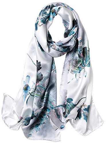 STORY OF SHANGHAI Womens 100% Natural Mulberry Silk Scarf Multi-use Scarves for Ladies,Green Lotus Flower