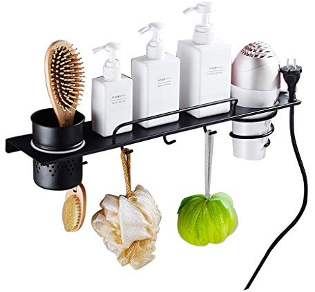 Etagère de salle de bains en acier inoxydable Support de rangement multifonctionnel Sèche-cheveux Toilette Tenture murale Noir sans perforation