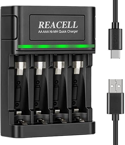 Rechargeable Battery AA AAA Charger, REACELL 4 Slots Charger for Ni-MH Ni-CD Batteries with Type C and Micro USB Input, Fast Charging Function, Battery Charger (Only for AA AAA Batteries)