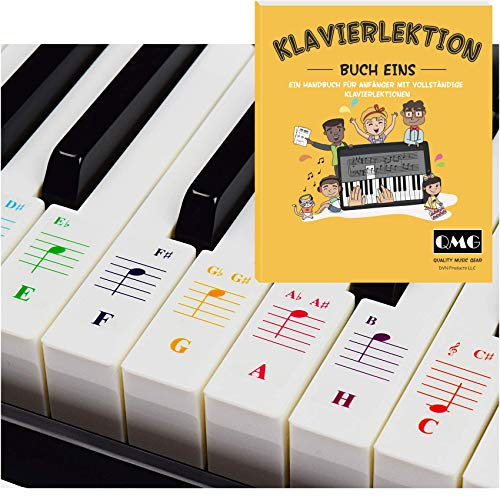 QMG Farbige Klavier- und Keyboard-Aufkleber und vollständige Klavierlektionen mit farbigen Noten und Leitfaden für Kinder und Anfänger Durchsichtig