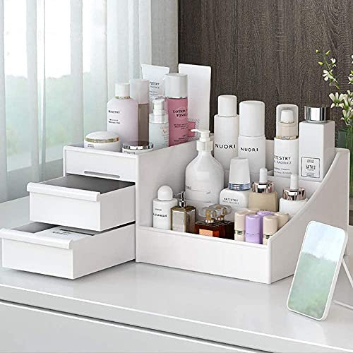 HASPINH Large Makeup Capacity Cosmetic Storage Box Skin Care Organizer Jewelry,Makeup, Brushes, Lipsticks, Nail Polish Container,Desktop Dresser Sundries Storage Box (White)