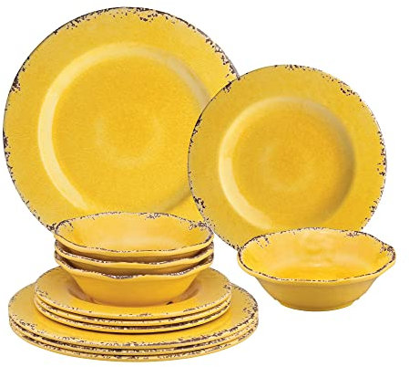 UPware - Set di stoviglie in melamina, 12 pezzi, con piatti da tavola, piatti da insalata, ciotole, servizio per 4 pezzi, colore: giallo