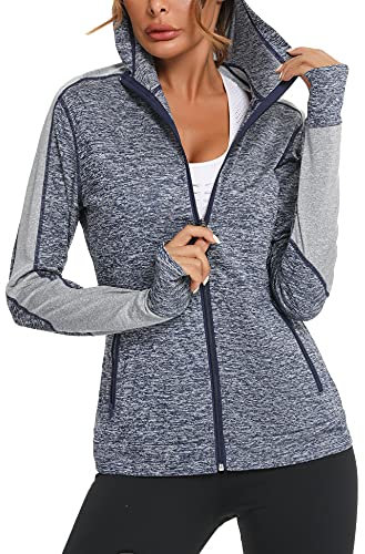 Wayleb Damen Laufjacke Sportjacke Langarm Trainingsjacke Kapuzenjacke Sweatjacke Atmungsaktive mit Daumenloch und Tasche Für Laufen Yoga Fitness Blau XL