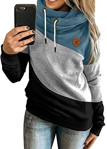 Dokotoo Damen Kapuzenpullover Stehkragen Hoodie Pullover Farbblock Sweatshirt Langarmshirt Oberteile für Herbst Winter M, Blau