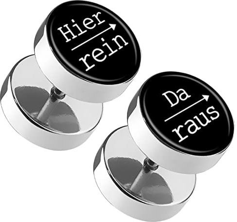 Taffstyle Runde Ohrringe Ohrstecker Fake Piercing Ohr Plug Flesh Tunnel Edelstahl Platte Stecker Spruch Hier rein, Da raus 10mm Schwarz