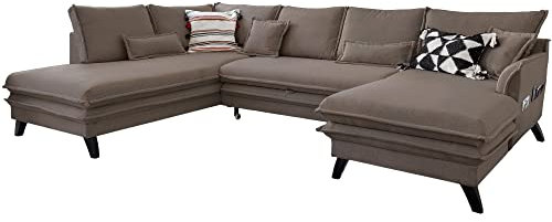 MIUFORM Ecksofa U-Form mit Schlaffunktion und Bettkasten | Charming Charlie | Wohnladschaft Couch Schlafcouch Wohnzimmer Gästezimmer | Holzlfüße Boho-Stil (Taupe, Links ausgerichtet)