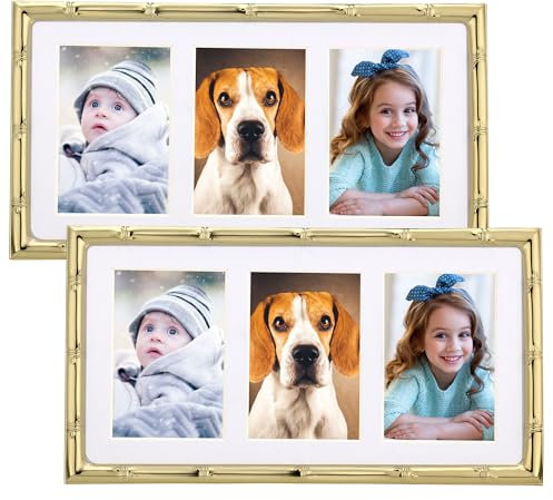 3-2x3'' Gold Multi Metal Picture Frames 2pack, Elegant Bamboo Designs Gold Plated Photo Frames 3-2x3'' Baby frames With Soft Touch Velvet Backing for Desktop and Wall Décor