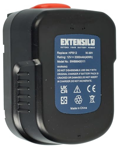 EXTENSILO Replacement Battery compatible with Black & Decker EPC12CA, EPC12CABK, EPC12 H1, EPC128 V Electric Power Tools (3300 mAh, NiMH, 12 V)