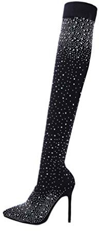 ERINGOGO Stivali sopra il ginocchio da donna Con Tacco Strass Decorazione Elastico Tacco Alto Stivali Per Le Donne Confortevoli E Traspirante Nero