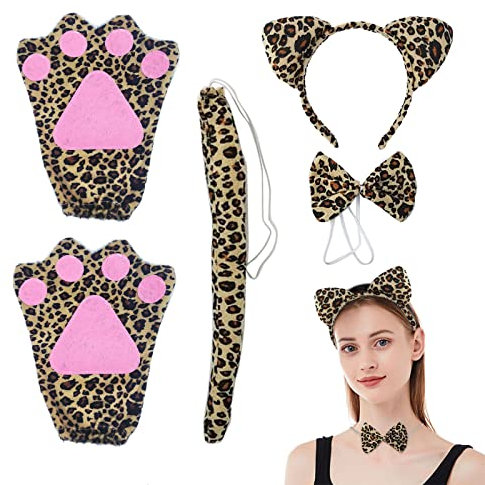 MIVAIUN Leopard Tiere Cosplay Set, Mädchen Dress Up, Ohren Fliege Schwanz Handschuhe, Dekoration Zubehör für Mottoparty Halloween Verkleidung (Braun)