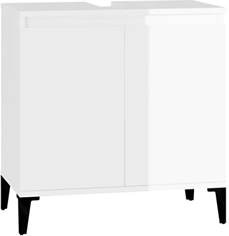 vidaXL Waschbeckenunterschrank, Badschrank mit Stauraum, Waschtisch Unterschrank mit Holzbeinen Türen, Schrank Badunterschrank Badmöbel, Hochglanz-Weiß Holzwerkstoff