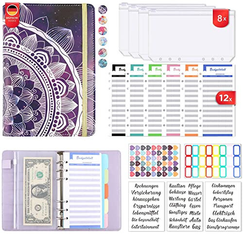 Budget Planner Deutsch Budget Binder A6 - Vollständig Deutsch Design,Budgetplaner Geld Organizer Sparbuch mit Folien für Finanzplaner Buget Sparen Mappe, Cash Stuffing Startset (Lila)