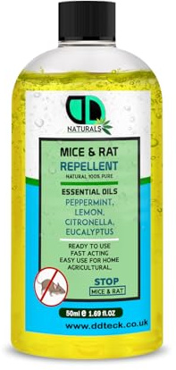 DD Teck Rat & Mice Repellent Essential Oil– Peppermint, Lemon, Eucalyptus & Citronella Blend, Natural Rodent Deterrent, Non-Toxic, Pet & Family Safe for Home & Car (50ml Cap)