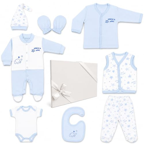 Blue Eyes nyfödd presentset pojkar 0–4 månader | 100 % naturlig OEKO-TEX® bomull | 8 delar babyutrustning | första kläder set spädbarn | gåva baby shower (Stjärna blå)