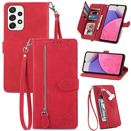 JayModCase Zipper Wallet Case Compatible with Samsung Galaxy A33 5G, PU Leather Flip Case, with Wristlet Magnetic Closure Kickstand TPU Shockproof Cover for Samsung A33 5G - Red